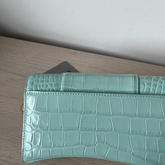NWT Balenciaga Wallet On Chain Green Acqua Shiny Croc Embossed Leather - Picture 9 of 11